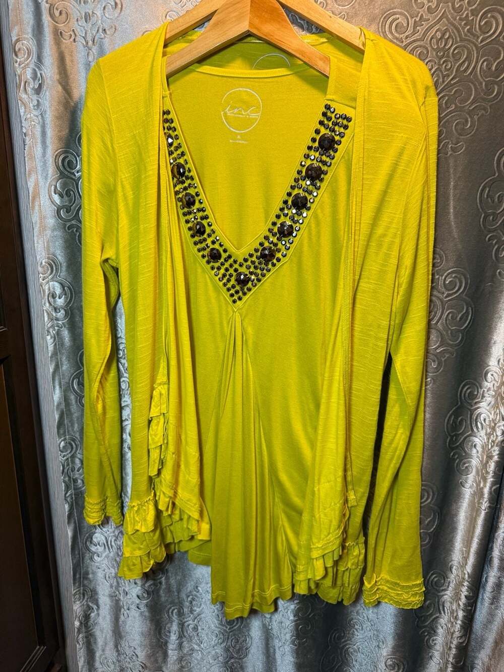 INC International Concepts Women's XL Yellow Embellished Ruffle Hem Long Sleeve